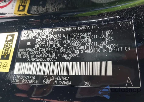 2011 Lexus Rx 350 из США, поврежденный, VIN 2T2BK1BA6BC100557